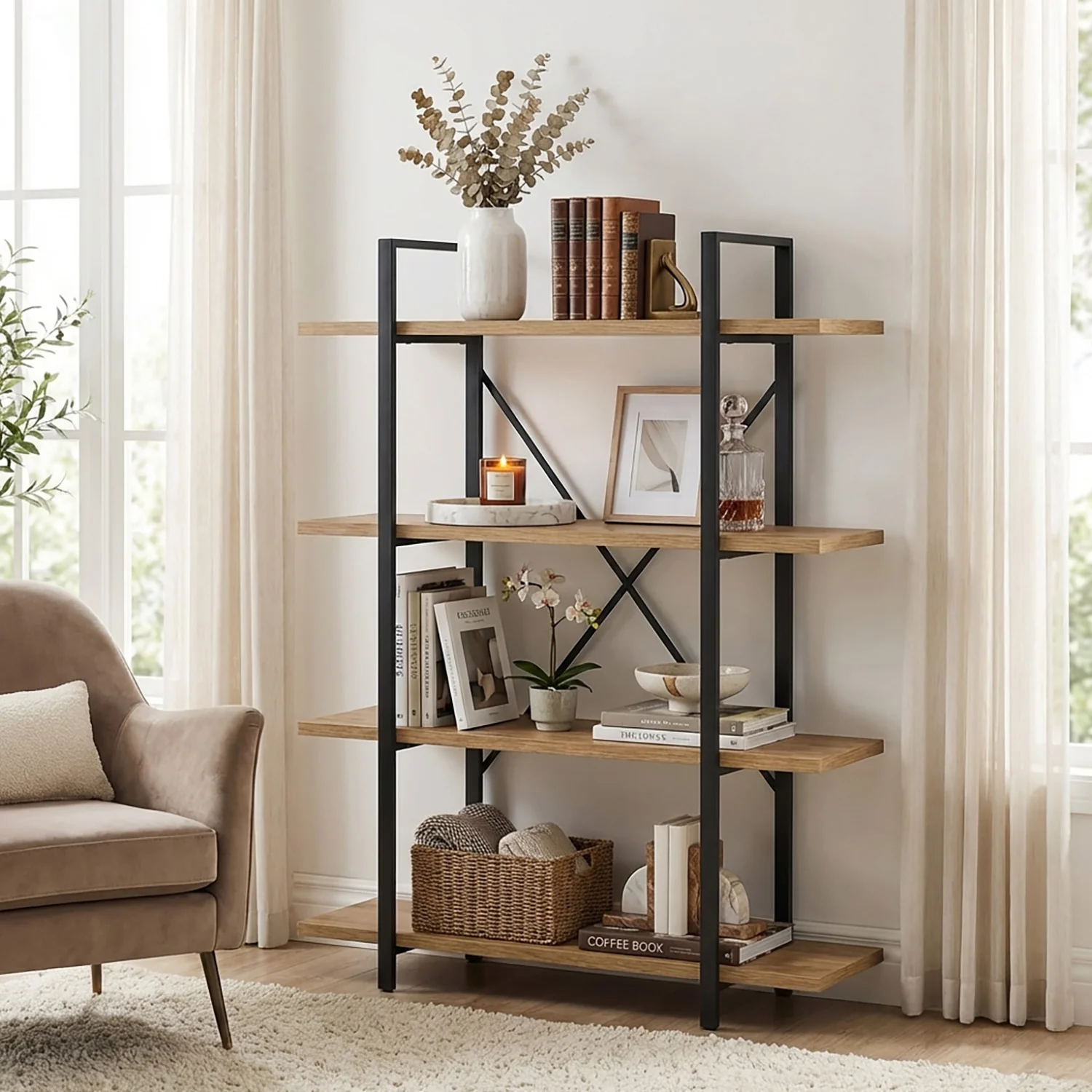 Envision Rustic Oak 4-Tier Bookcase Storage Shelf Organizer - Image 29