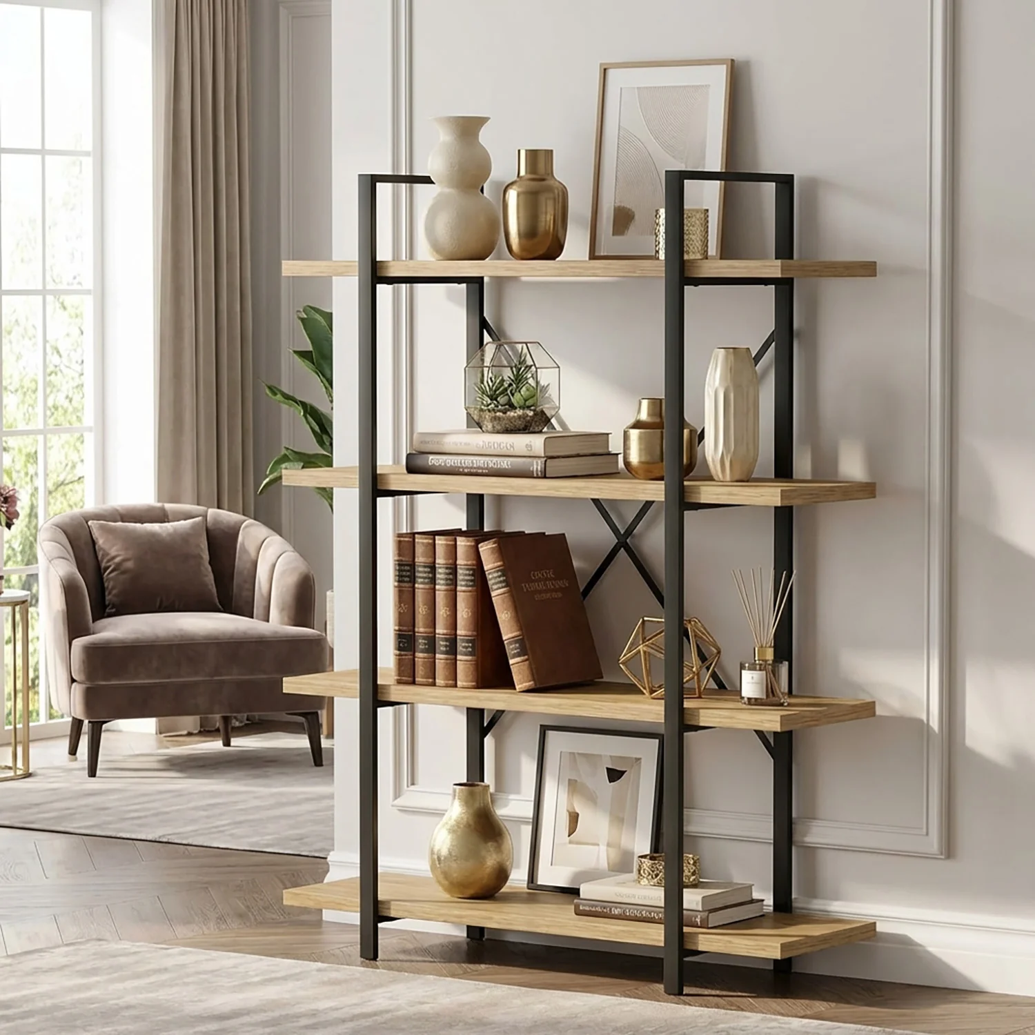Envision Rustic Oak 4-Tier Bookcase Storage Shelf Organizer - Image 30
