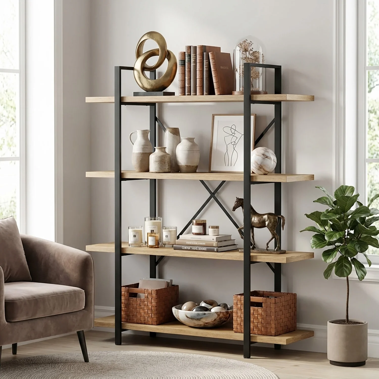 Envision Rustic Oak 4-Tier Bookcase Storage Shelf Organizer - Image 32