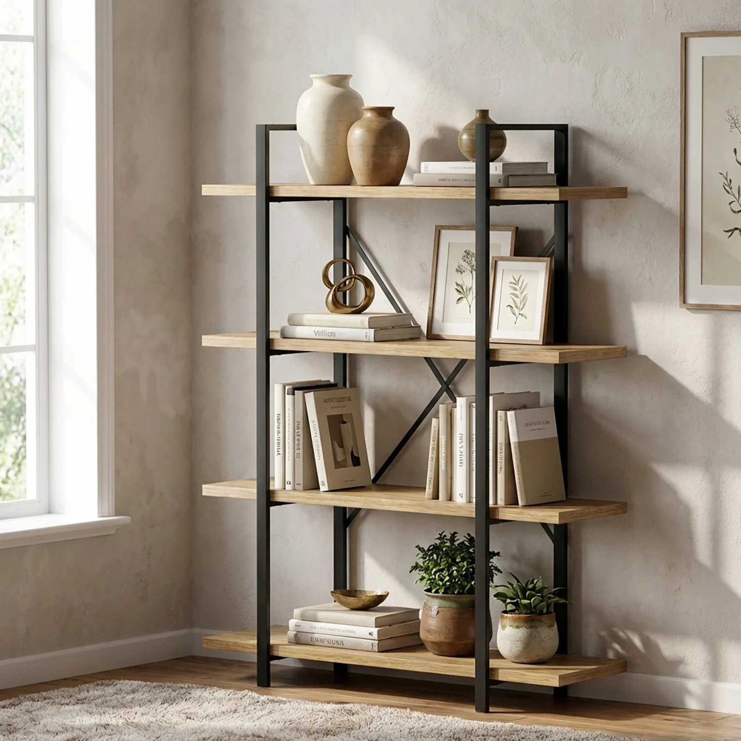 Envision Rustic Oak 4-Tier Bookcase Storage Shelf Organizer - Image 6