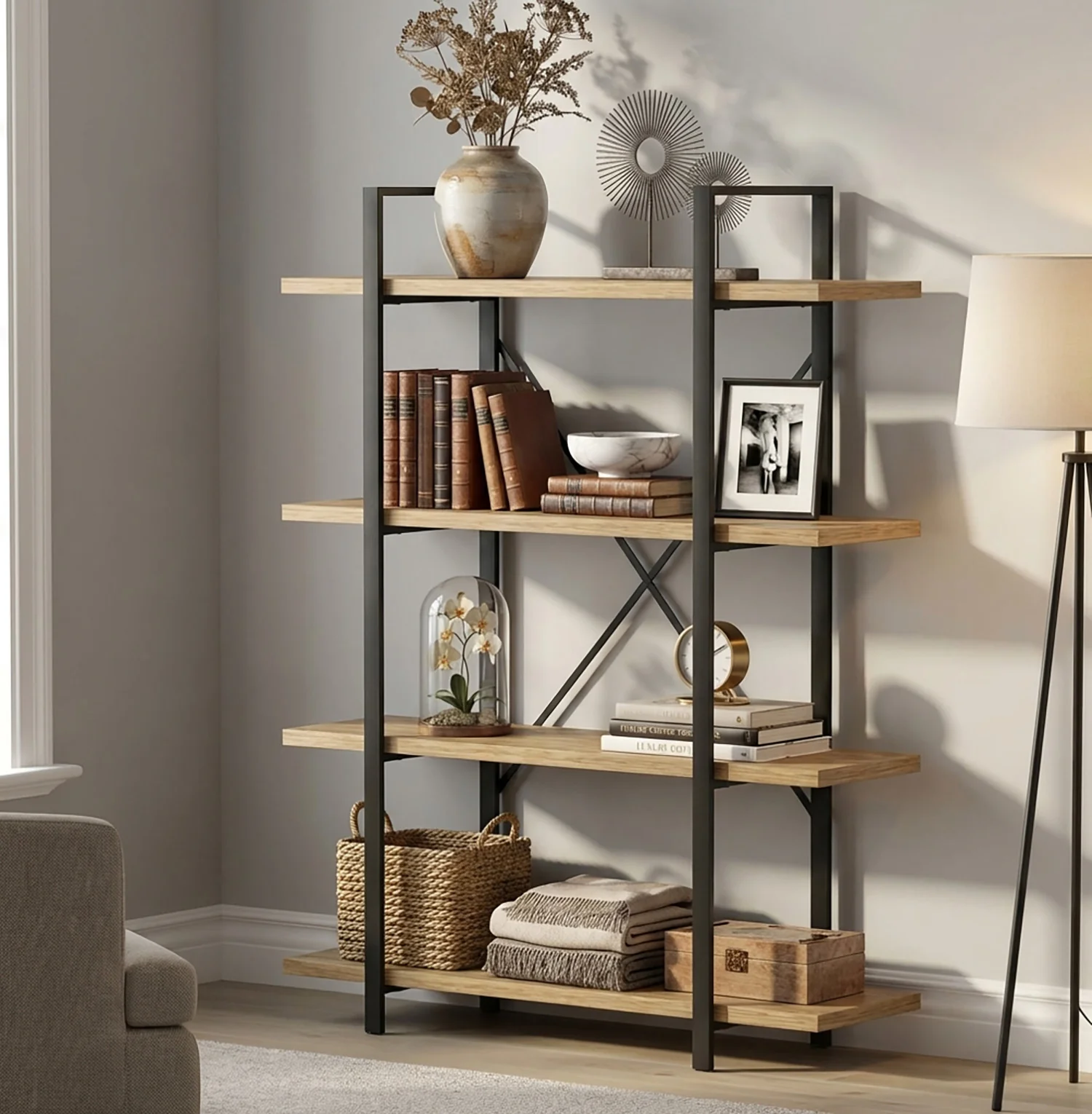Envision Rustic Oak 4-Tier Bookcase Storage Shelf Organizer - Image 9