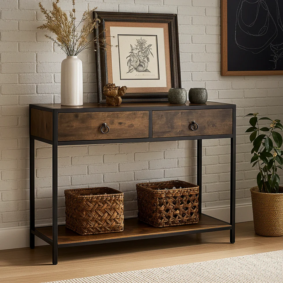 Essence Rustic Console Table with Drawers Hallway Entry Storage Shelf - Image 20