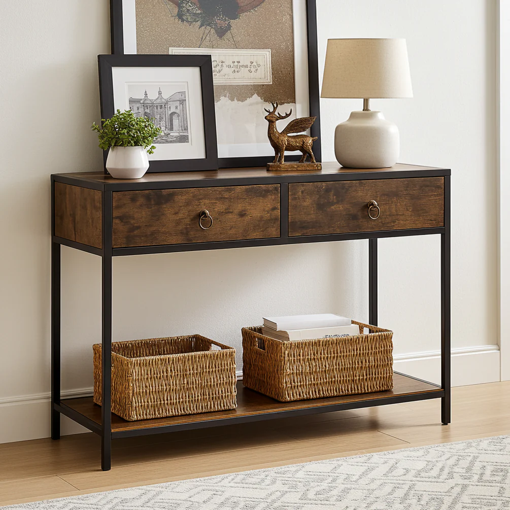 Essence Rustic Console Table with Drawers Hallway Entry Storage Shelf - Image 3