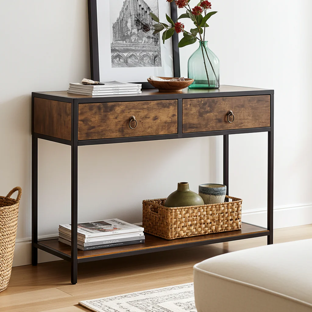 Essence Rustic Console Table with Drawers Hallway Entry Storage Shelf - Image 5