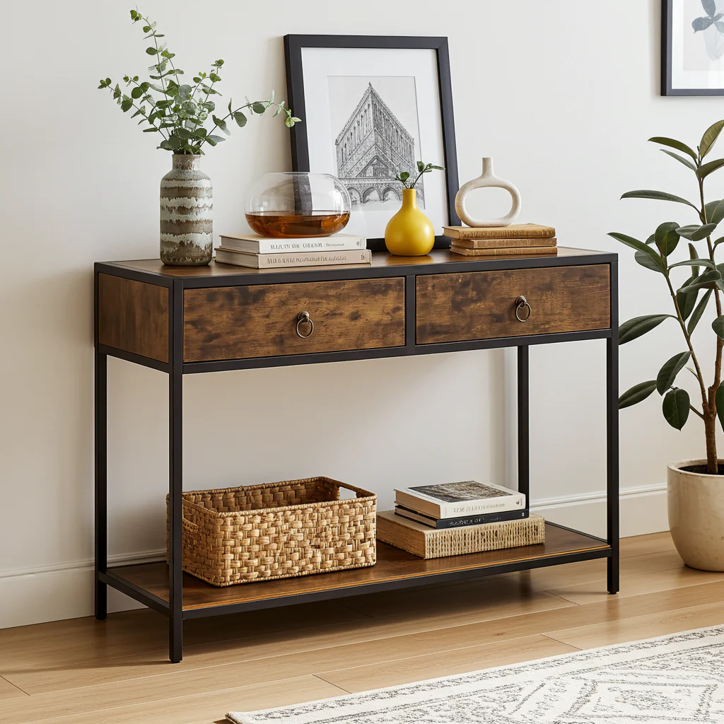 Essence Rustic Console Table with Drawers Hallway Entry Storage Shelf - Image 7