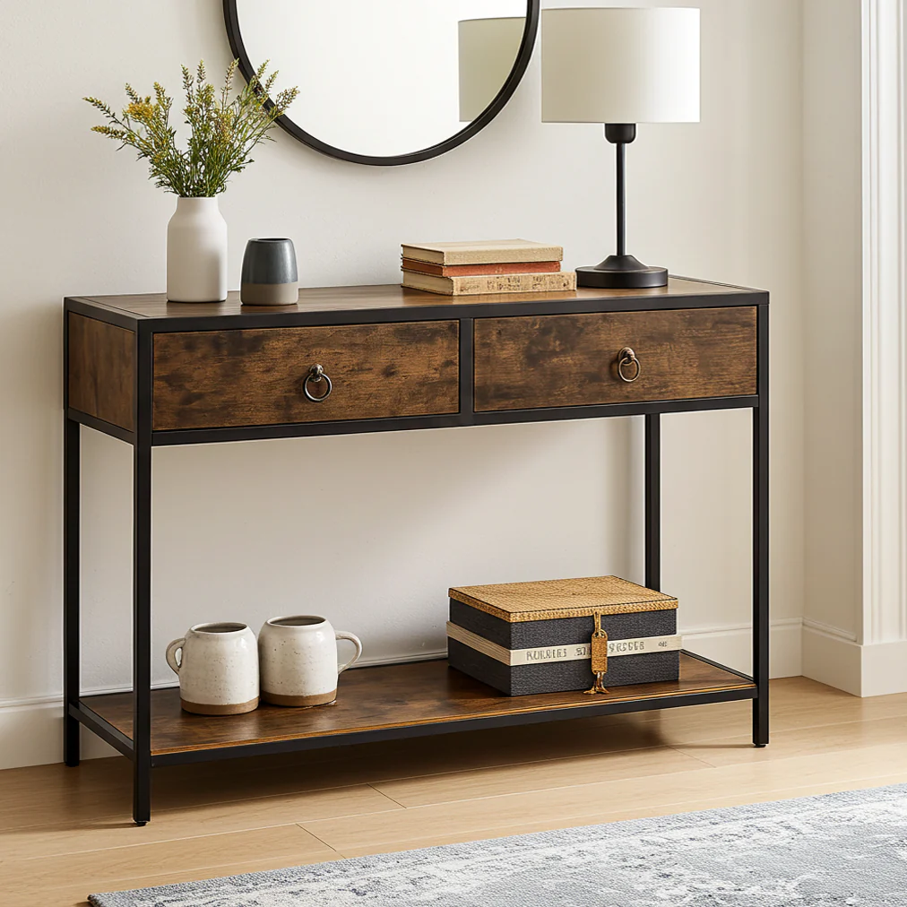 Essence Rustic Console Table with Drawers Hallway Entry Storage Shelf - Image 8