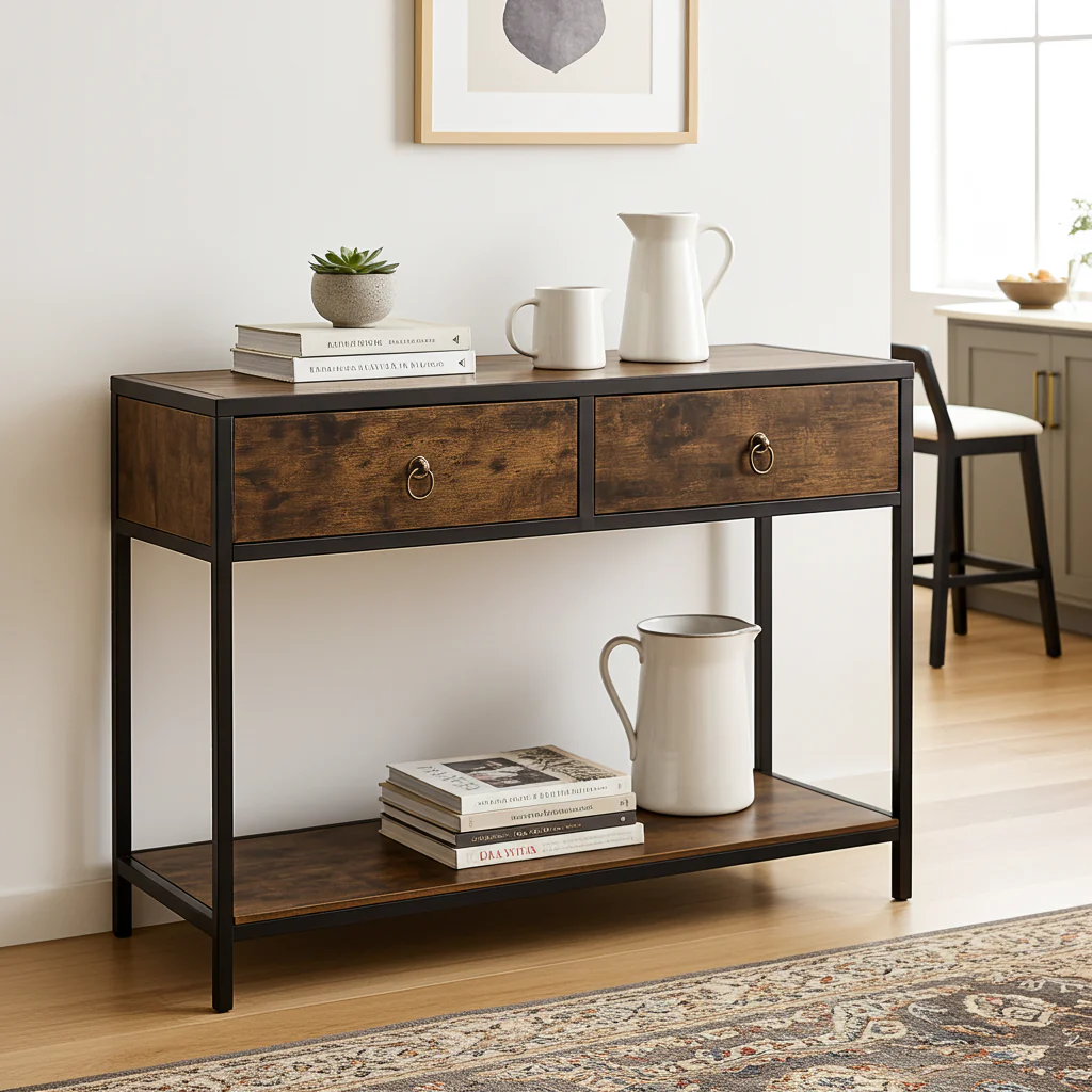 Essence Rustic Console Table with Drawers Hallway Entry Storage Shelf - Image 9