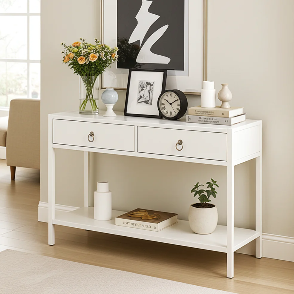 Essence White Console Table with Drawers Hallway Entry Storage Shelf - Image 10