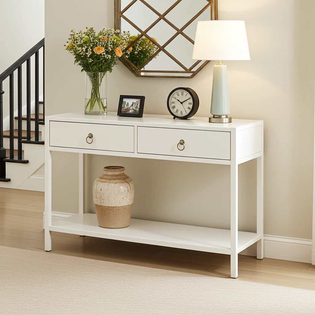 Essence White Console Table with Drawers Hallway Entry Storage Shelf - Image 12