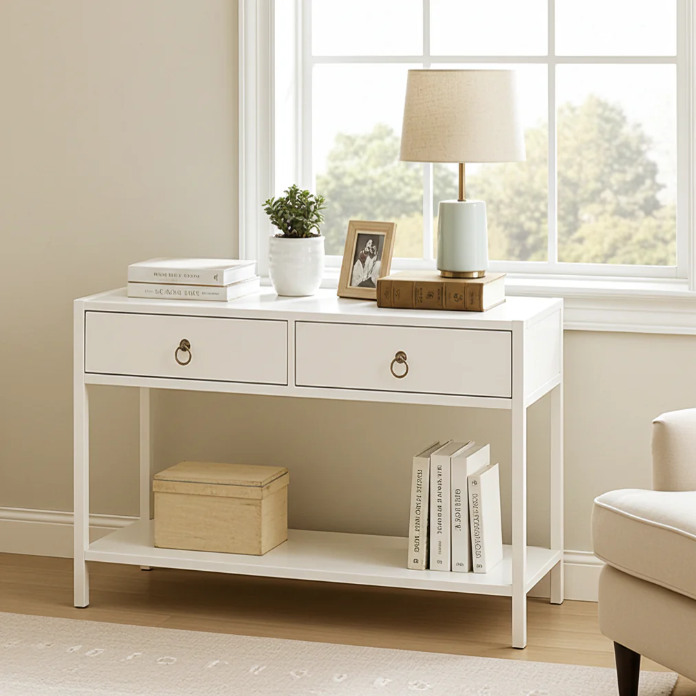 Essence White Console Table with Drawers Hallway Entry Storage Shelf - Image 16