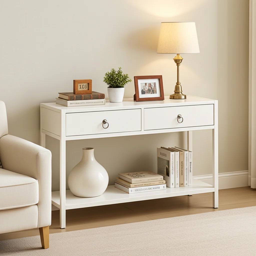 Essence White Console Table with Drawers Hallway Entry Storage Shelf - Image 18