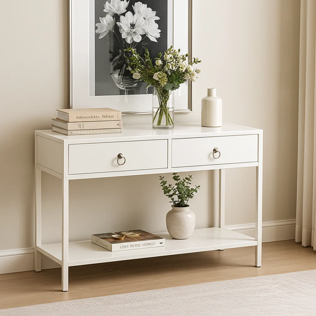 Essence White Console Table with Drawers Hallway Entry Storage Shelf - Image 19