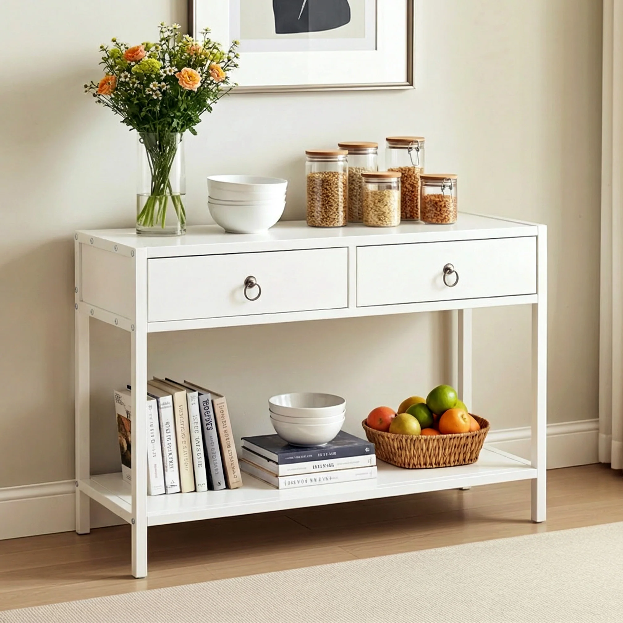 Essence White Console Table with Drawers Hallway Entry Storage Shelf - Image 2