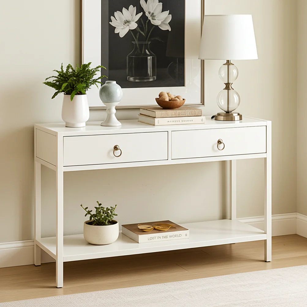 Essence White Console Table with Drawers Hallway Entry Storage Shelf - Image 20