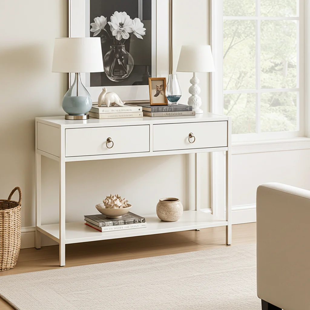 Essence White Console Table with Drawers Hallway Entry Storage Shelf - Image 21