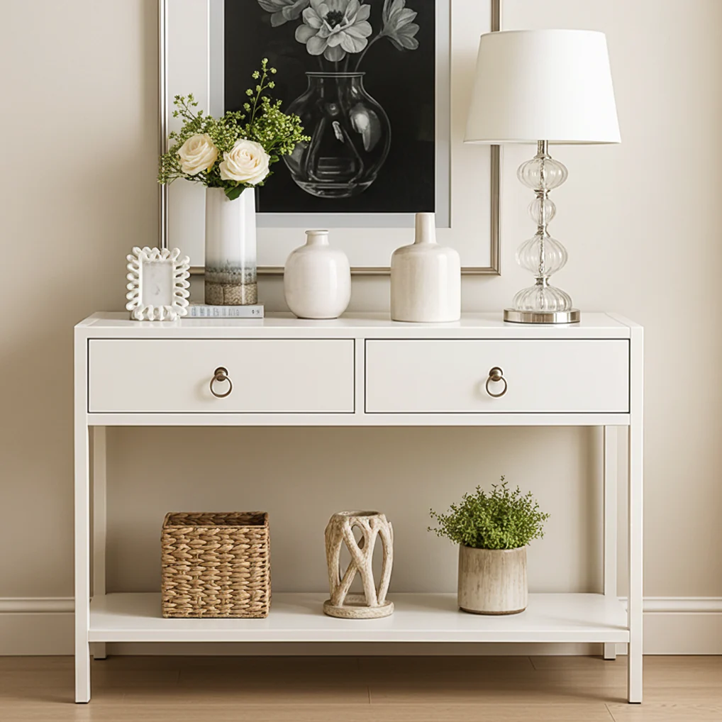 Essence White Console Table with Drawers Hallway Entry Storage Shelf - Image 23