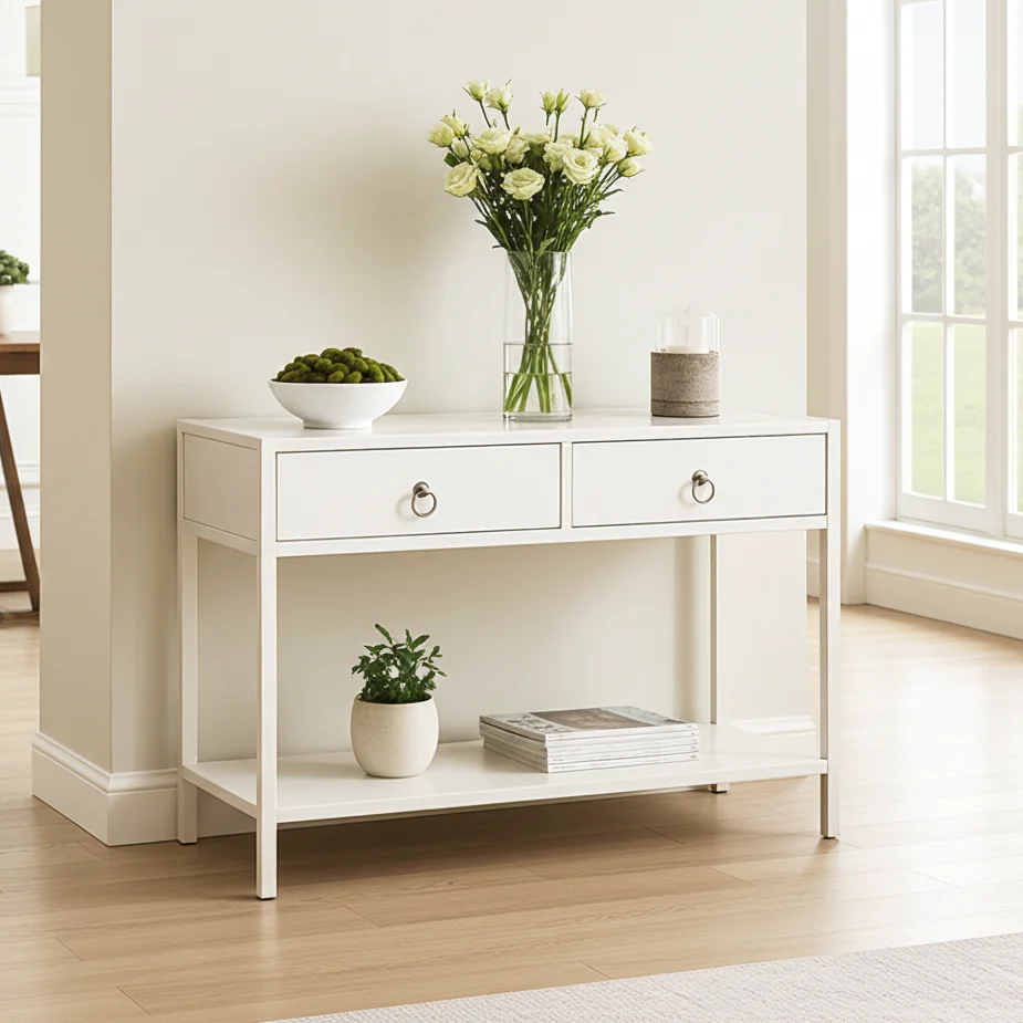 Essence White Console Table with Drawers Hallway Entry Storage Shelf - Image 24