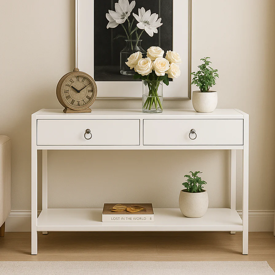 Essence White Console Table with Drawers Hallway Entry Storage Shelf - Image 25