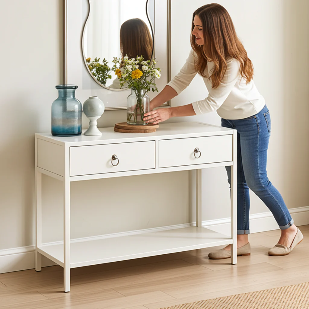 Essence White Console Table with Drawers Hallway Entry Storage Shelf - Image 3