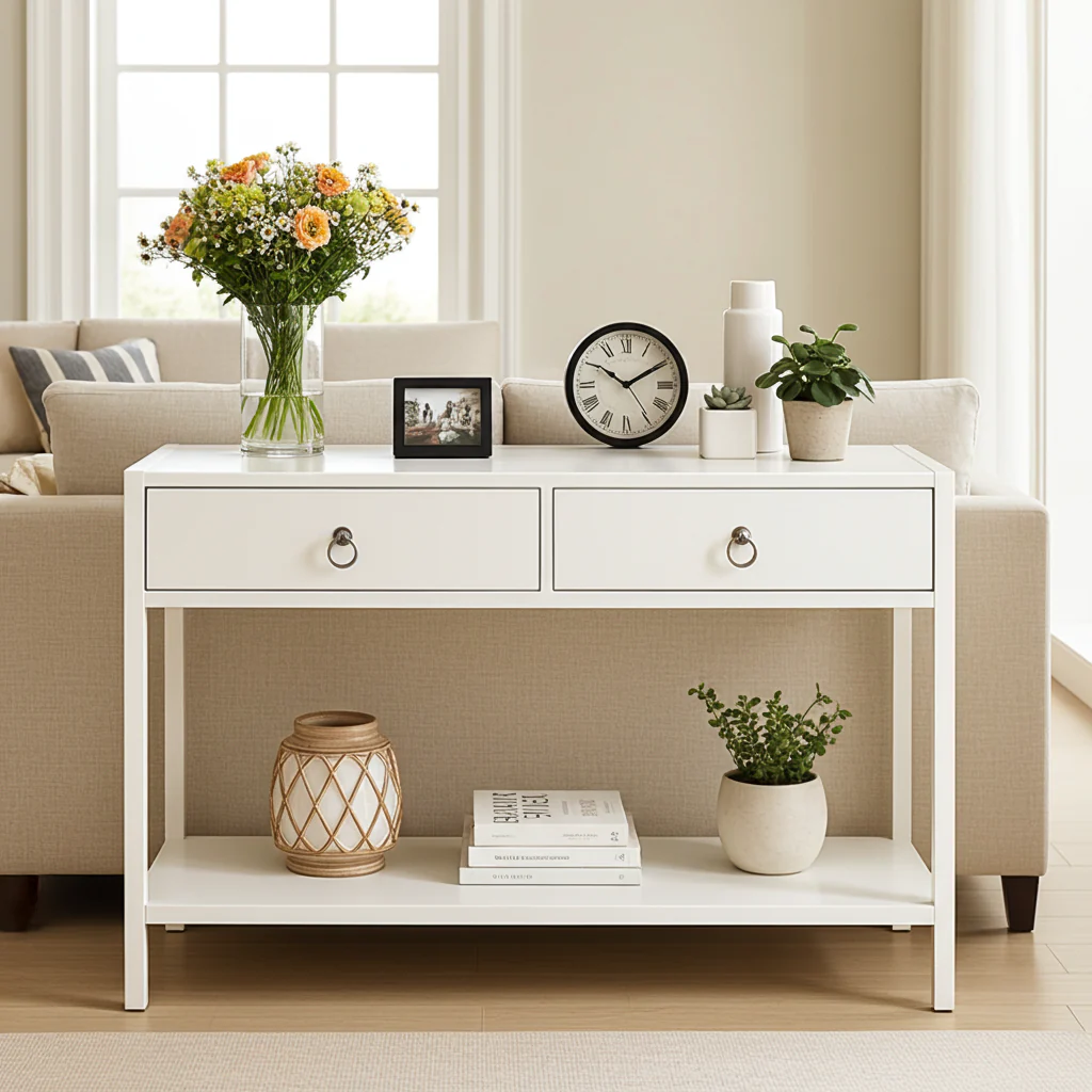 Essence White Console Table with Drawers Hallway Entry Storage Shelf - Image 4