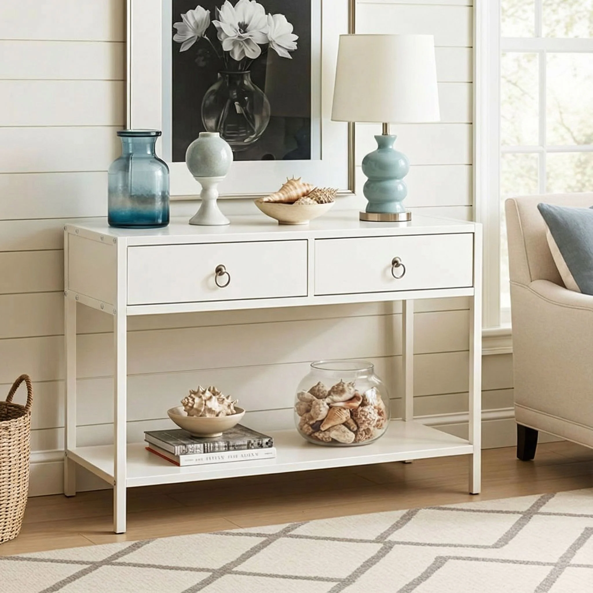 Essence White Console Table with Drawers Hallway Entry Storage Shelf - Image 5