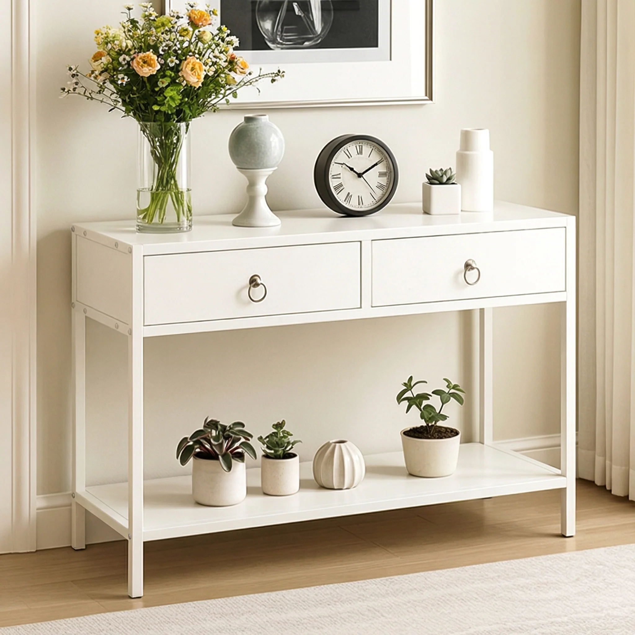 Essence White Console Table with Drawers Hallway Entry Storage Shelf - Image 6
