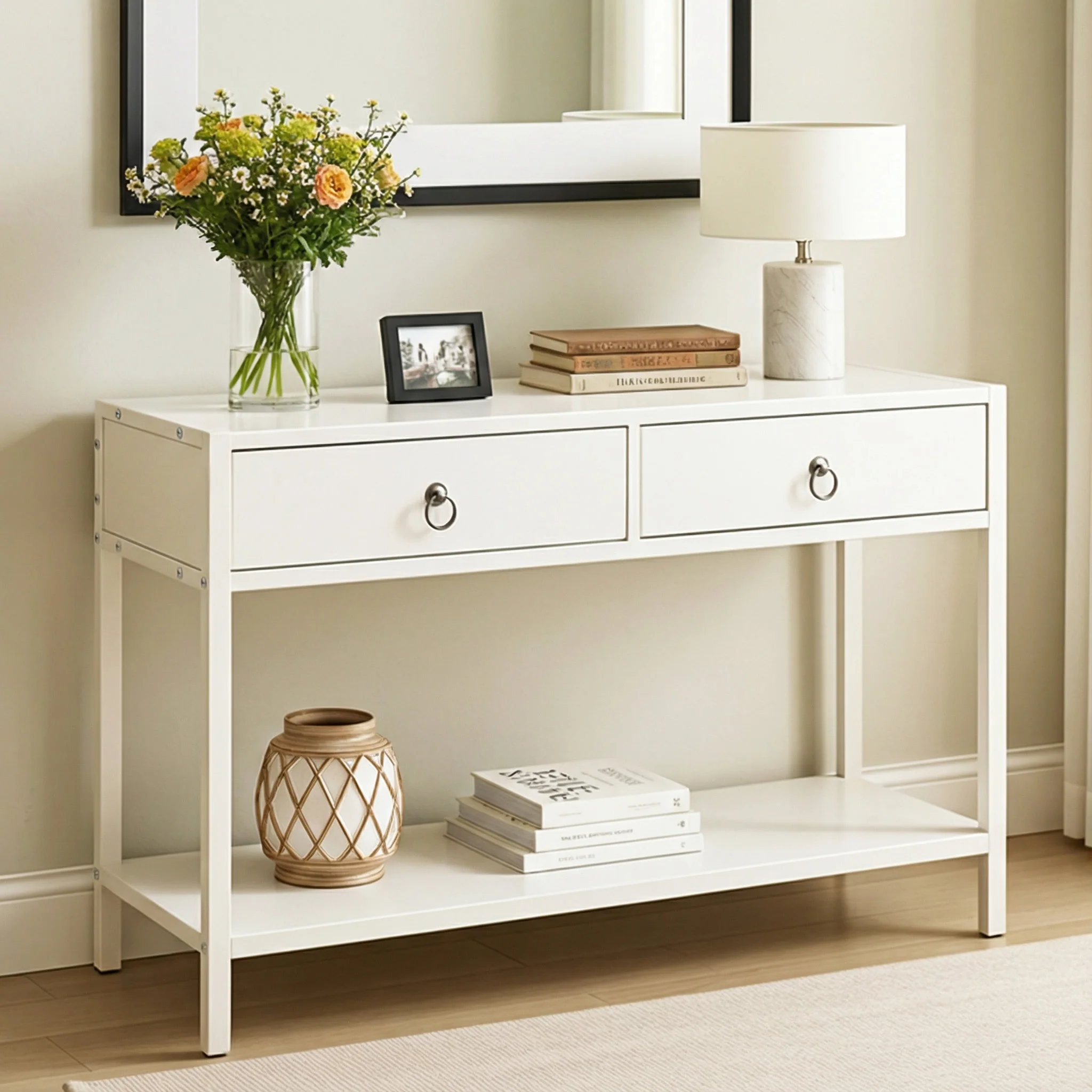 Essence White Console Table with Drawers Hallway Entry Storage Shelf - Image 8