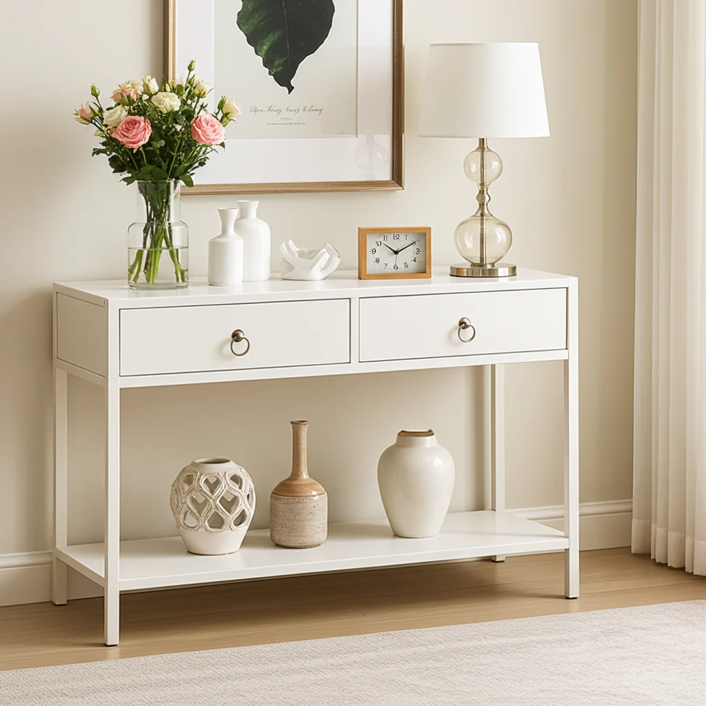 Essence White Console Table with Drawers Hallway Entry Storage Shelf - Image 9