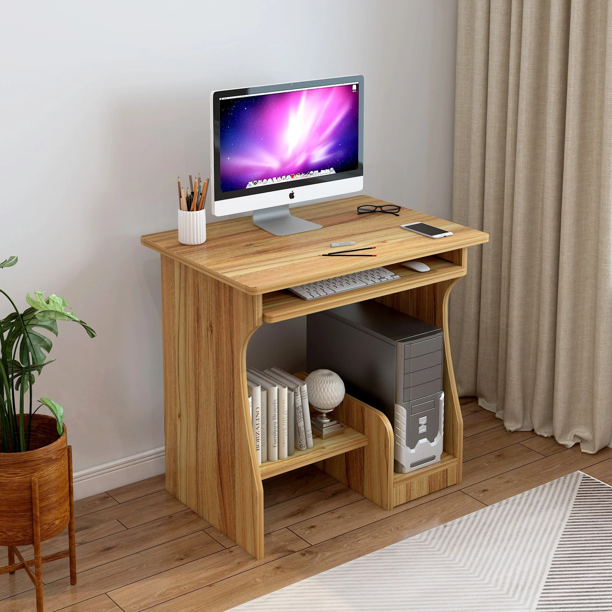 Essential Computer Desk with Shelves (Oak) - Image 4