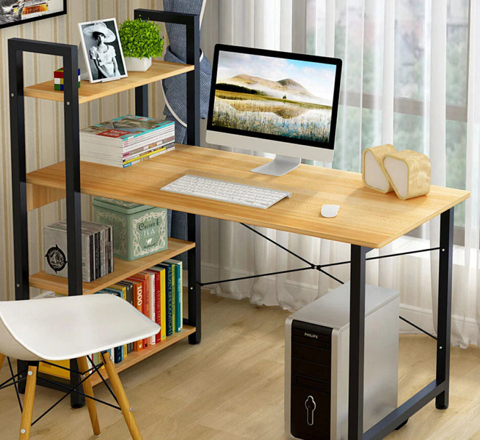 Exceeder Large Workstation Wood & Steel Computer Desk with Storage Shelves (Natural Oak) - Image 2