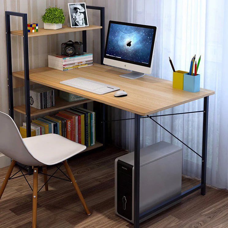 Exceeder Large Workstation Wood & Steel Computer Desk with Storage Shelves (Natural Oak) - Image 3