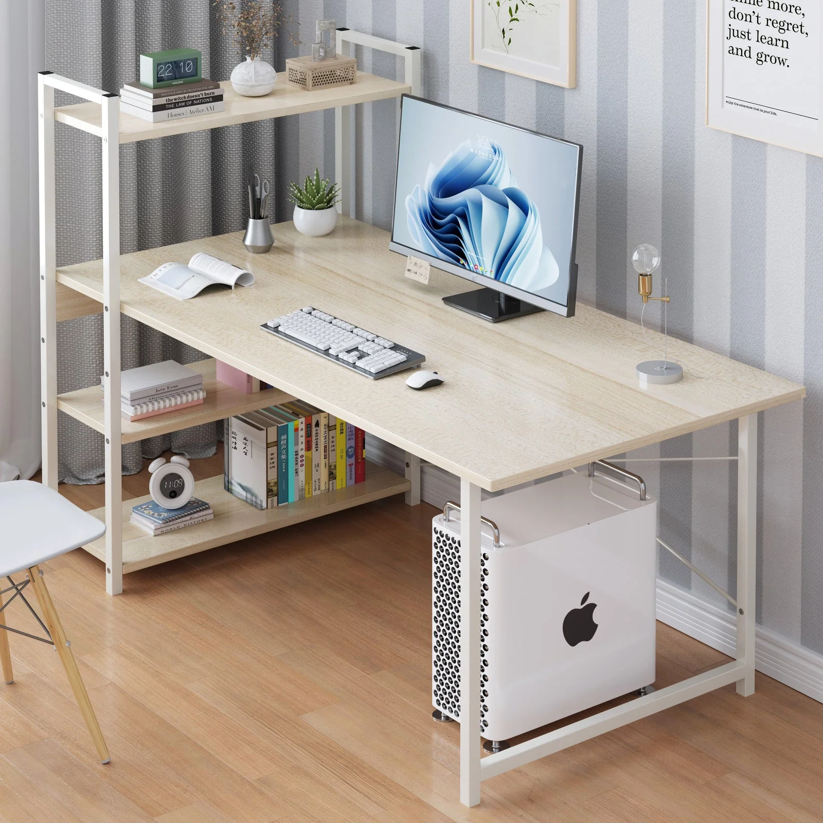 Exceeder Large Workstation  Wood & Steel Computer Desk with  Storage Shelves (White Oak) - Image 13