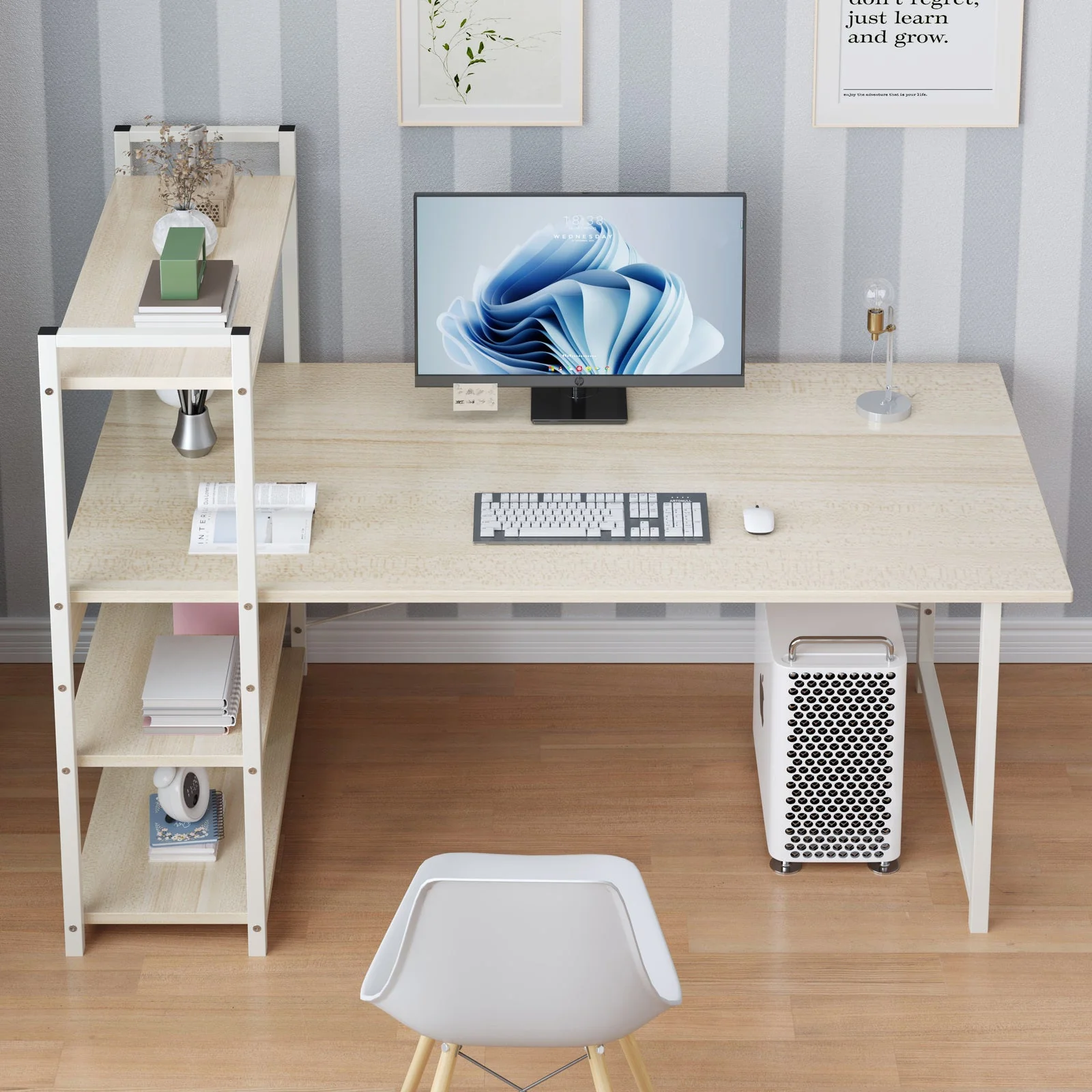 Exceeder Large Workstation  Wood & Steel Computer Desk with  Storage Shelves (White Oak) - Image 5