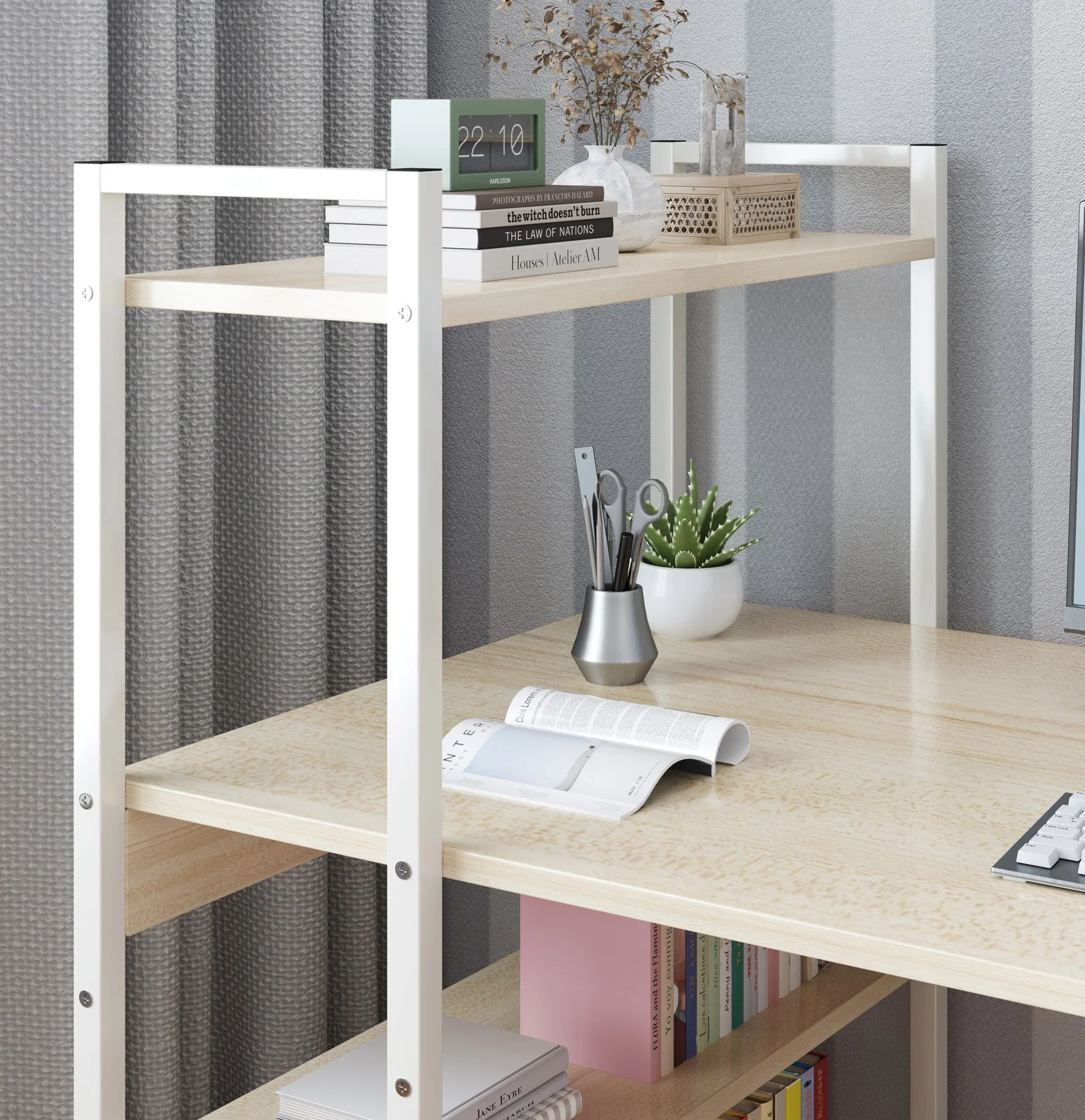 Exceeder Large Workstation  Wood & Steel Computer Desk with  Storage Shelves (White Oak) - Image 6