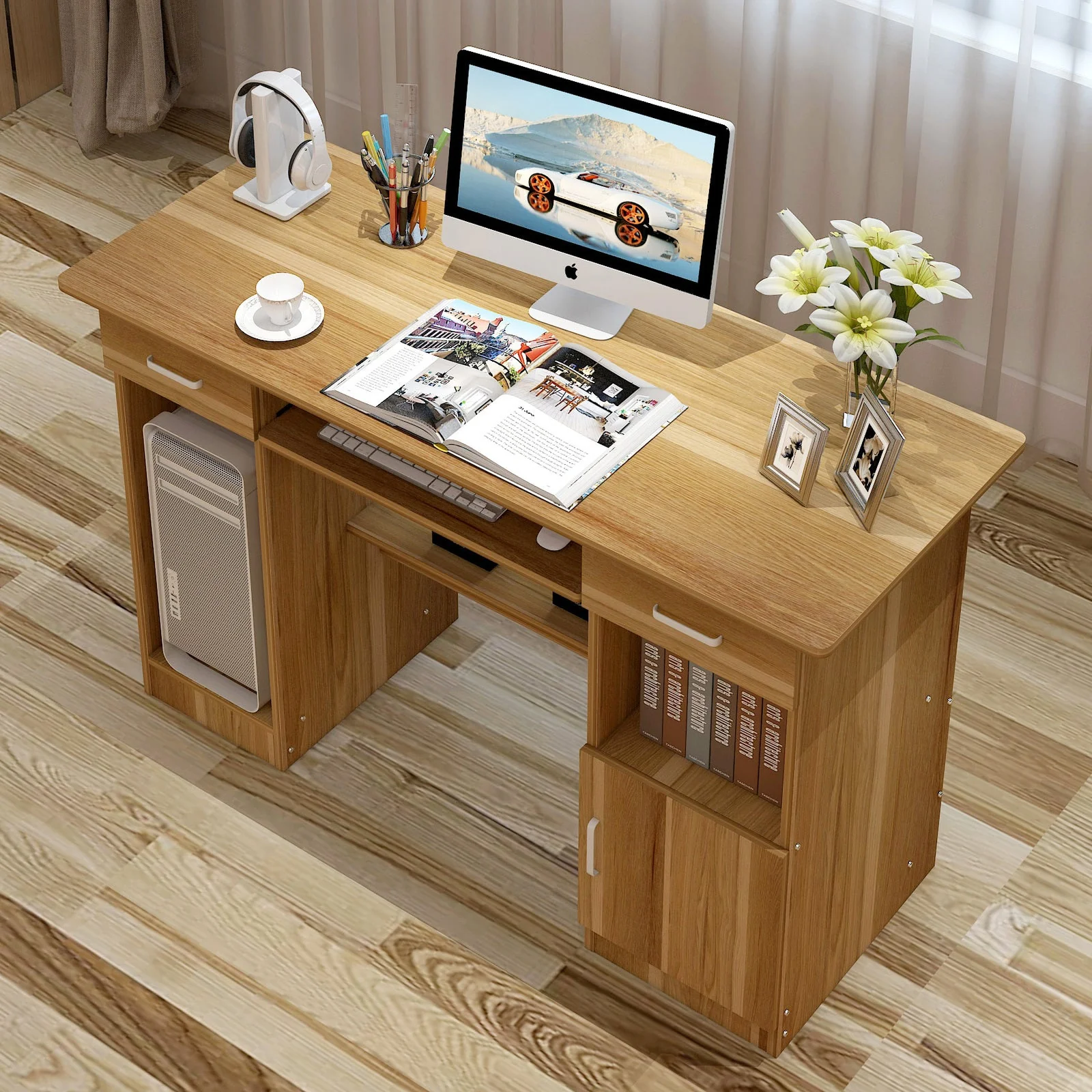Executive Office Computer Desk with Drawers, Cabinet, Shelves (Oak) - Image 4