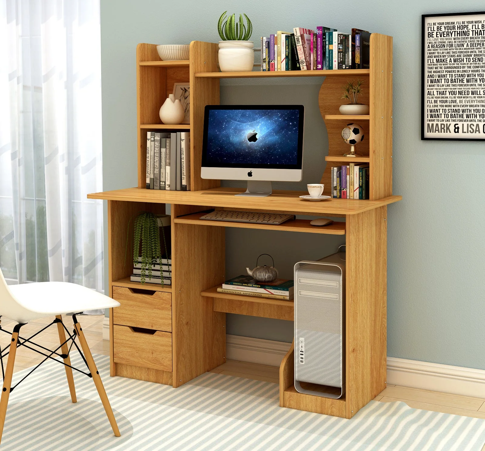 Expert Computer Desk Workstation with Shelf & Cabinet (Oak) - Image 6