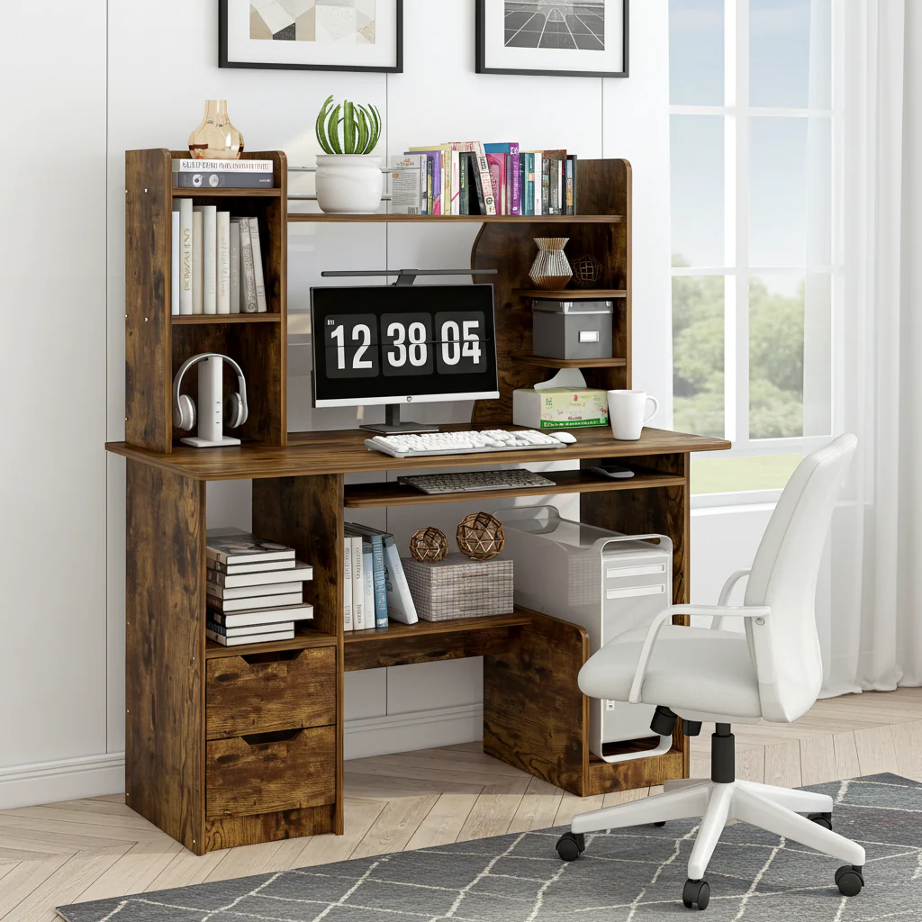 Expert Computer Desk Workstation with Shelf & Cabinet (Rustic Wood) - Image 8