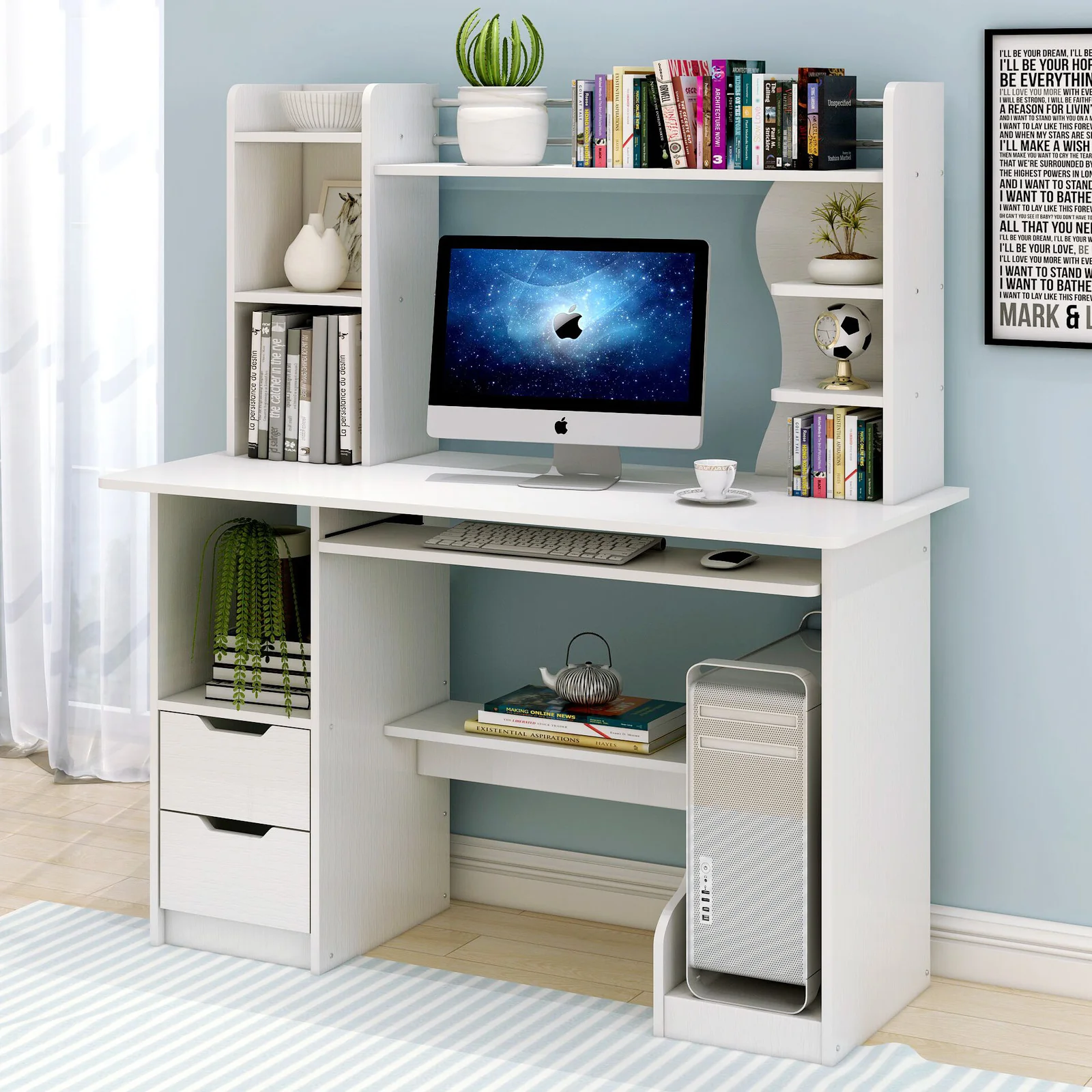 Expert Computer Desk Workstation with Shelf & Cabinet (White) - Image 9