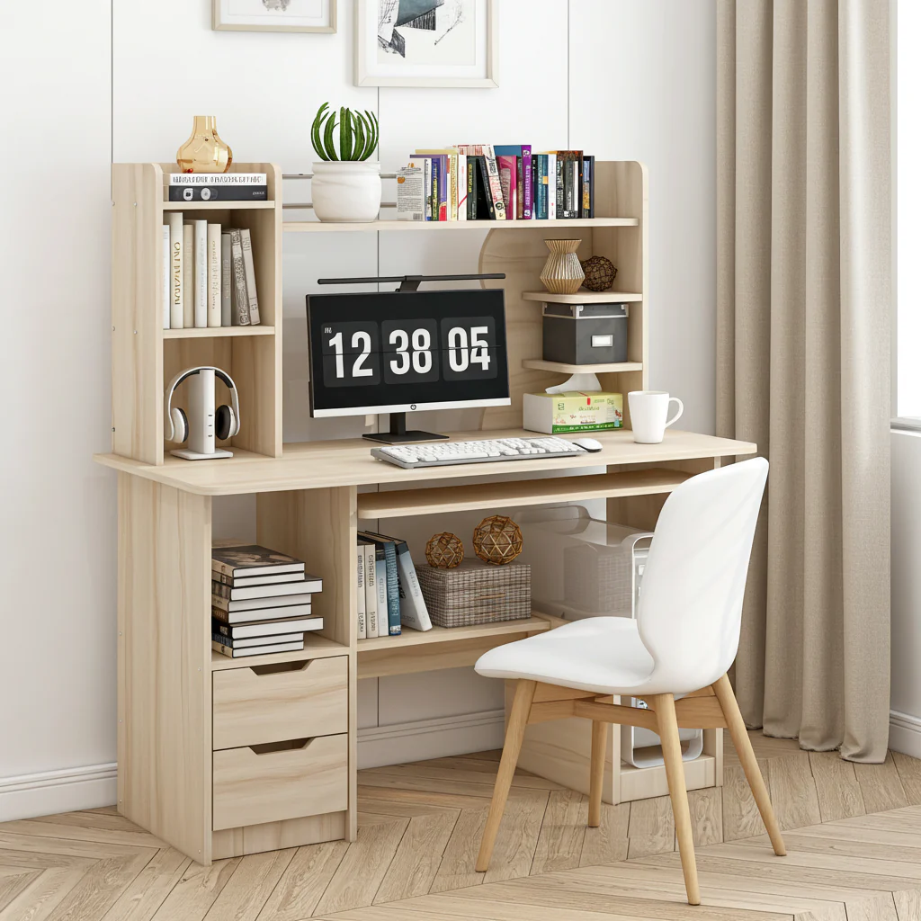 Expert Computer Desk Workstation with Shelf & Cabinet (White Oak) - Image 15
