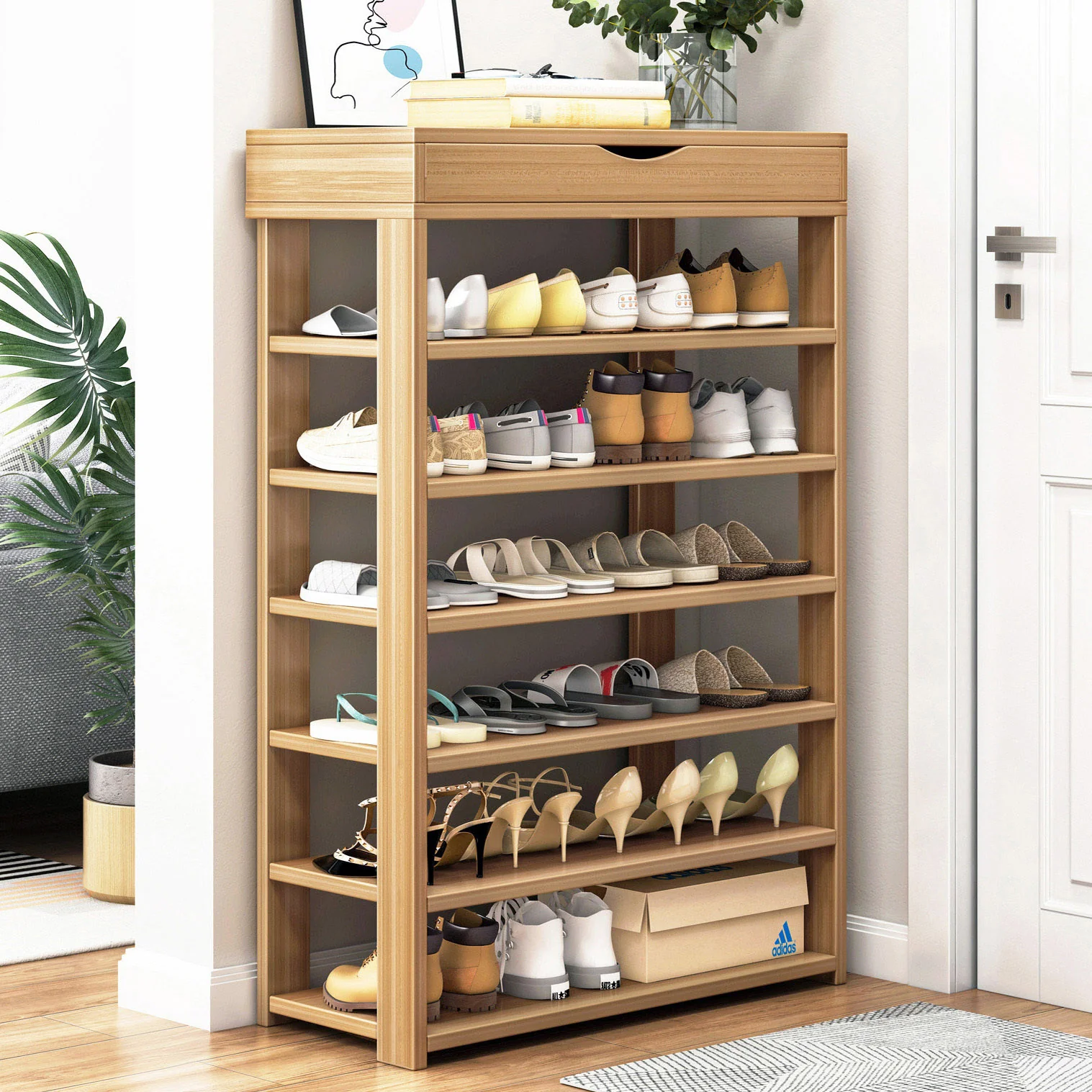 Fiesta 7 Tier Extra Spacious Wooden Shoe Rack Organizer Shelf Cabinet (Natural Oak) - Image 7