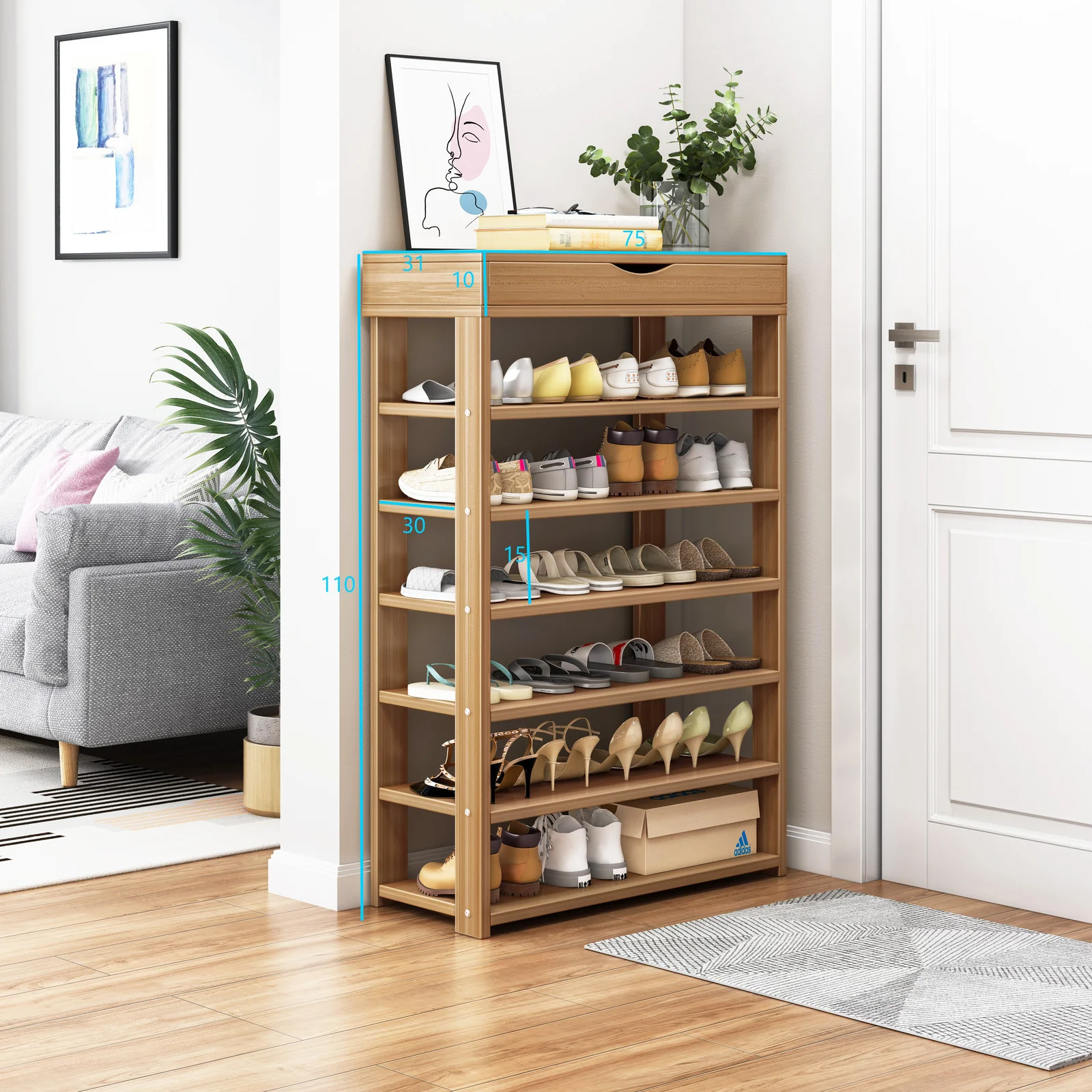 Fiesta 7 Tier Extra Spacious Wooden Shoe Rack Organizer Shelf Cabinet (Natural Oak) - Image 8