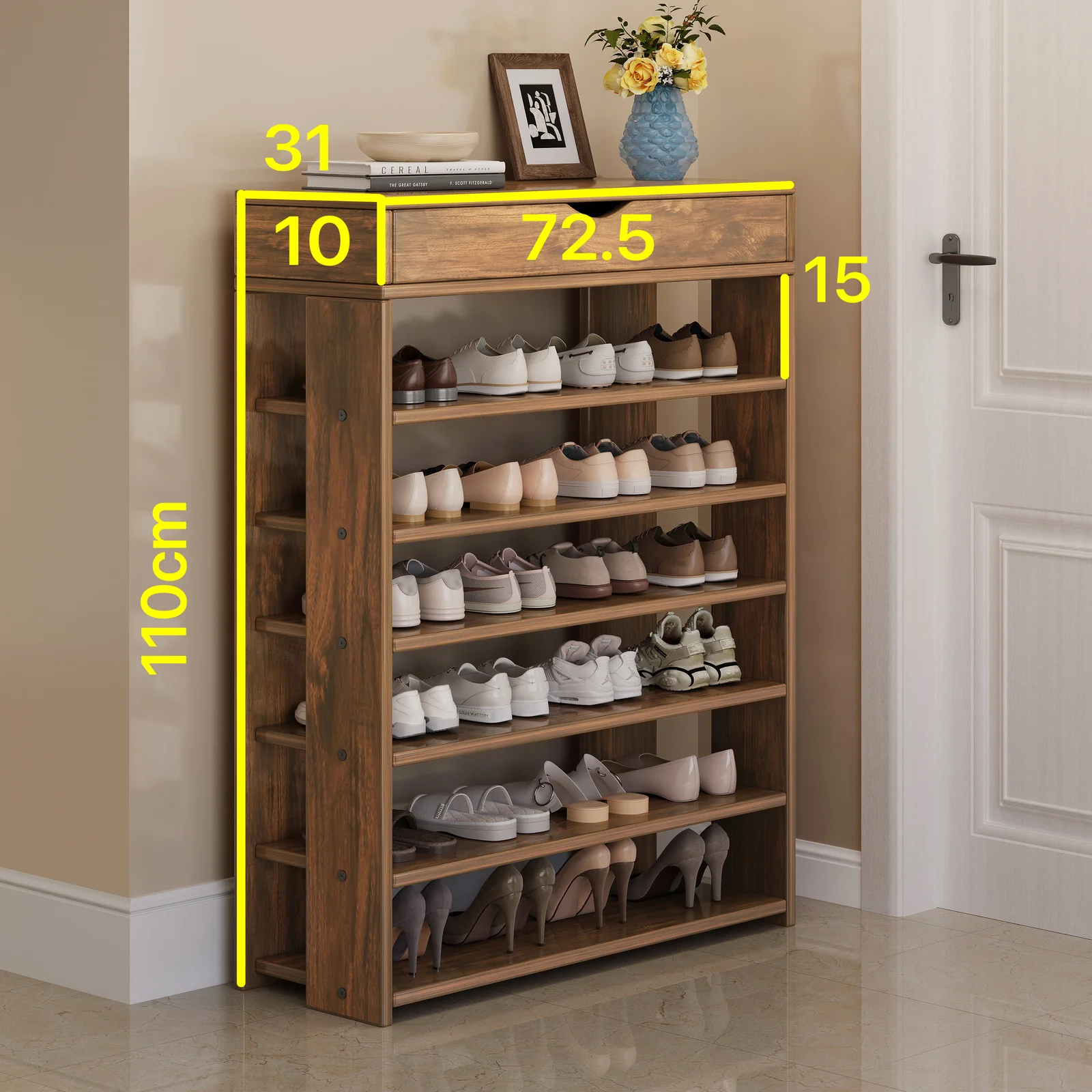Fiesta 7 Tier Extra Spacious Wooden Shoe Rack Organizer Shelf Cabinet (Rustic Wood) - Image 6