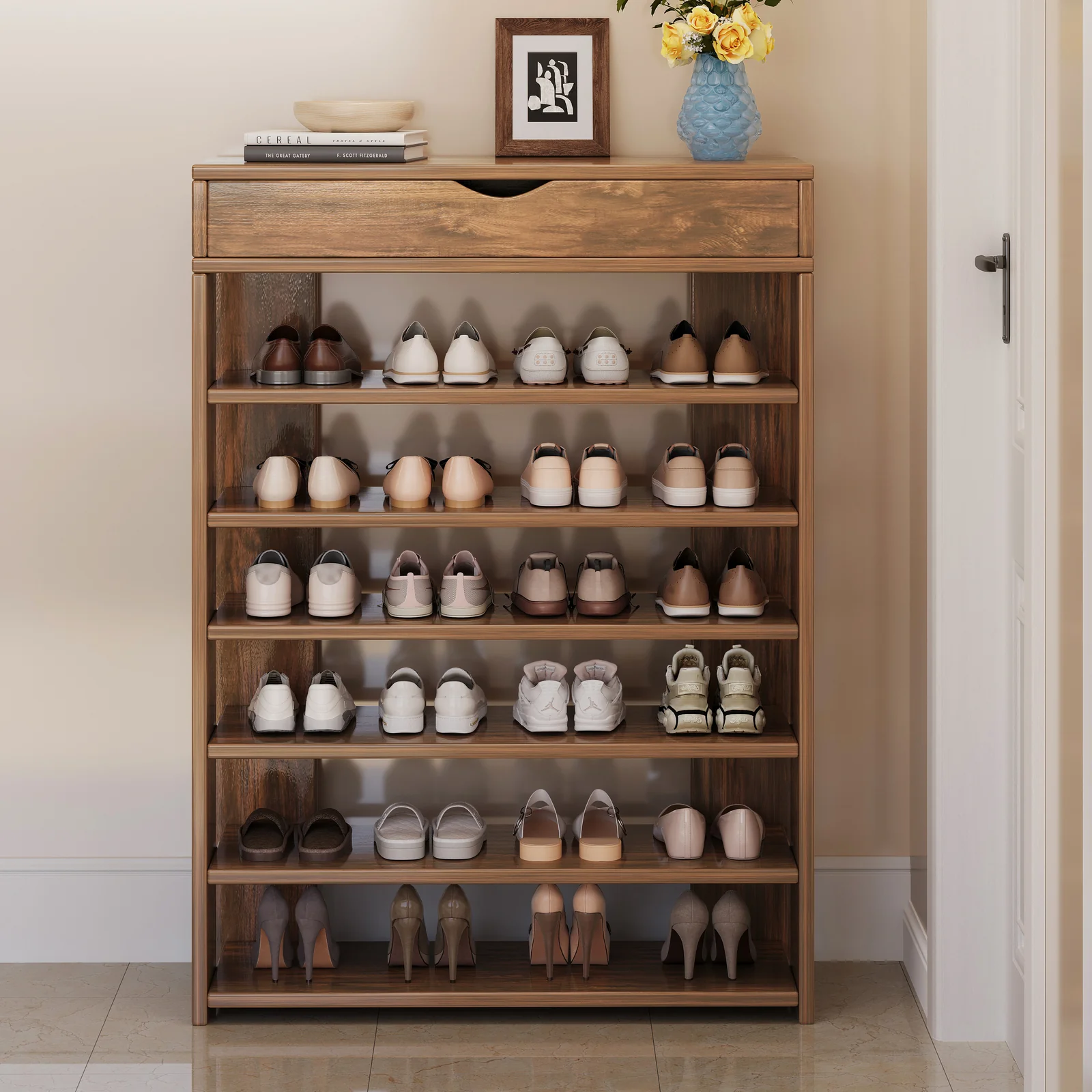 Fiesta 7 Tier Extra Spacious Wooden Shoe Rack Organizer Shelf Cabinet (Rustic Wood) - Image 8