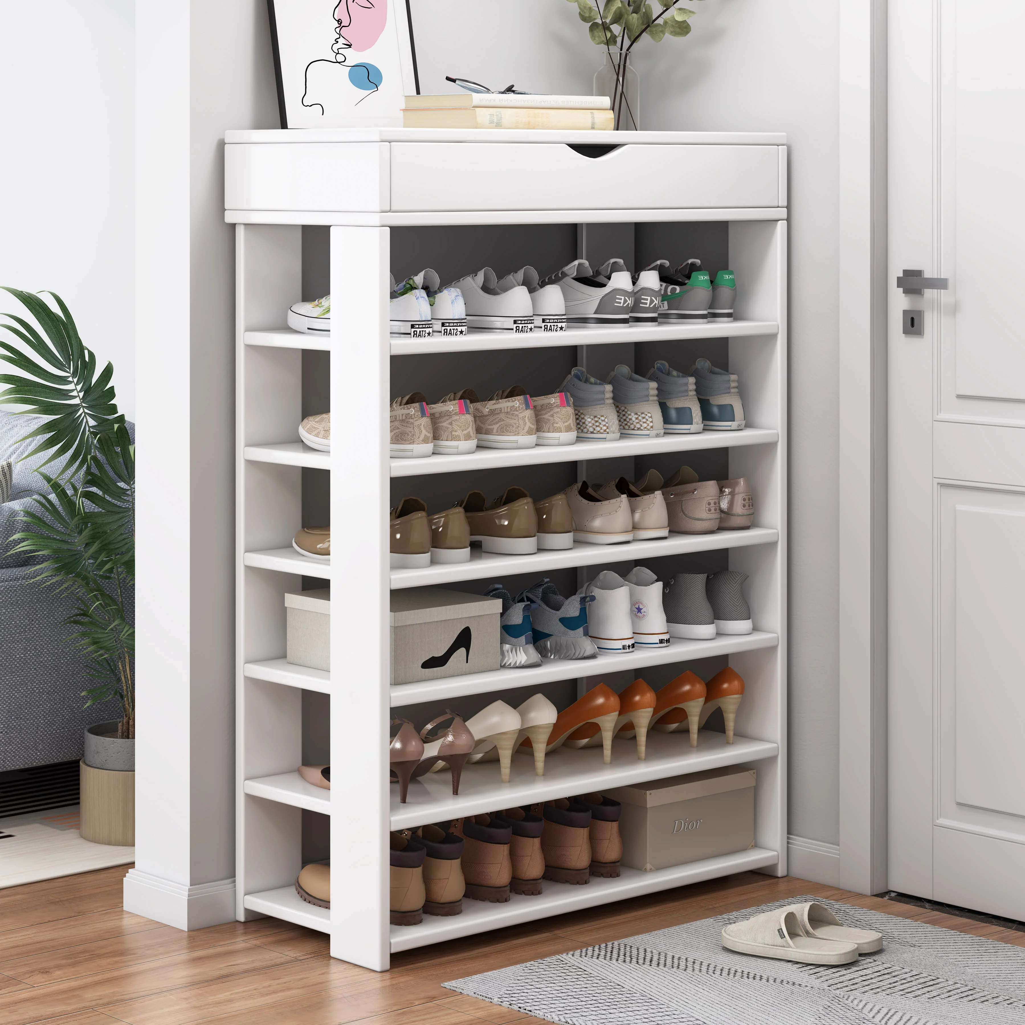 Fiesta 7 Tier Extra Spacious Wooden Shoe Rack Organizer Shelf Cabinet (White)