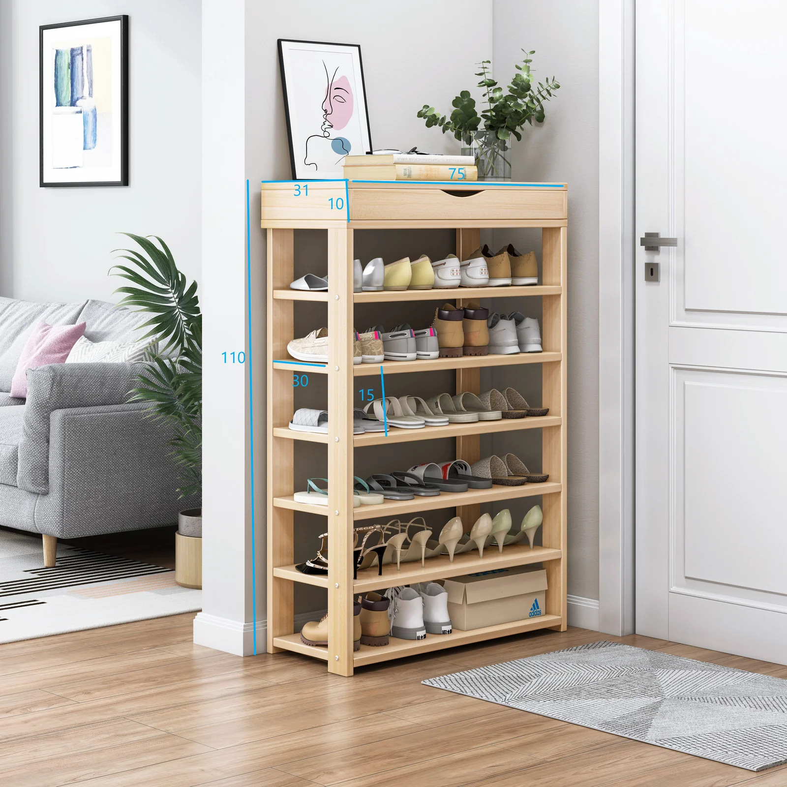 Fiesta 7 Tier Extra Spacious Wooden Shoe Rack Organizer Shelf Cabinet (White Oak) - Image 4