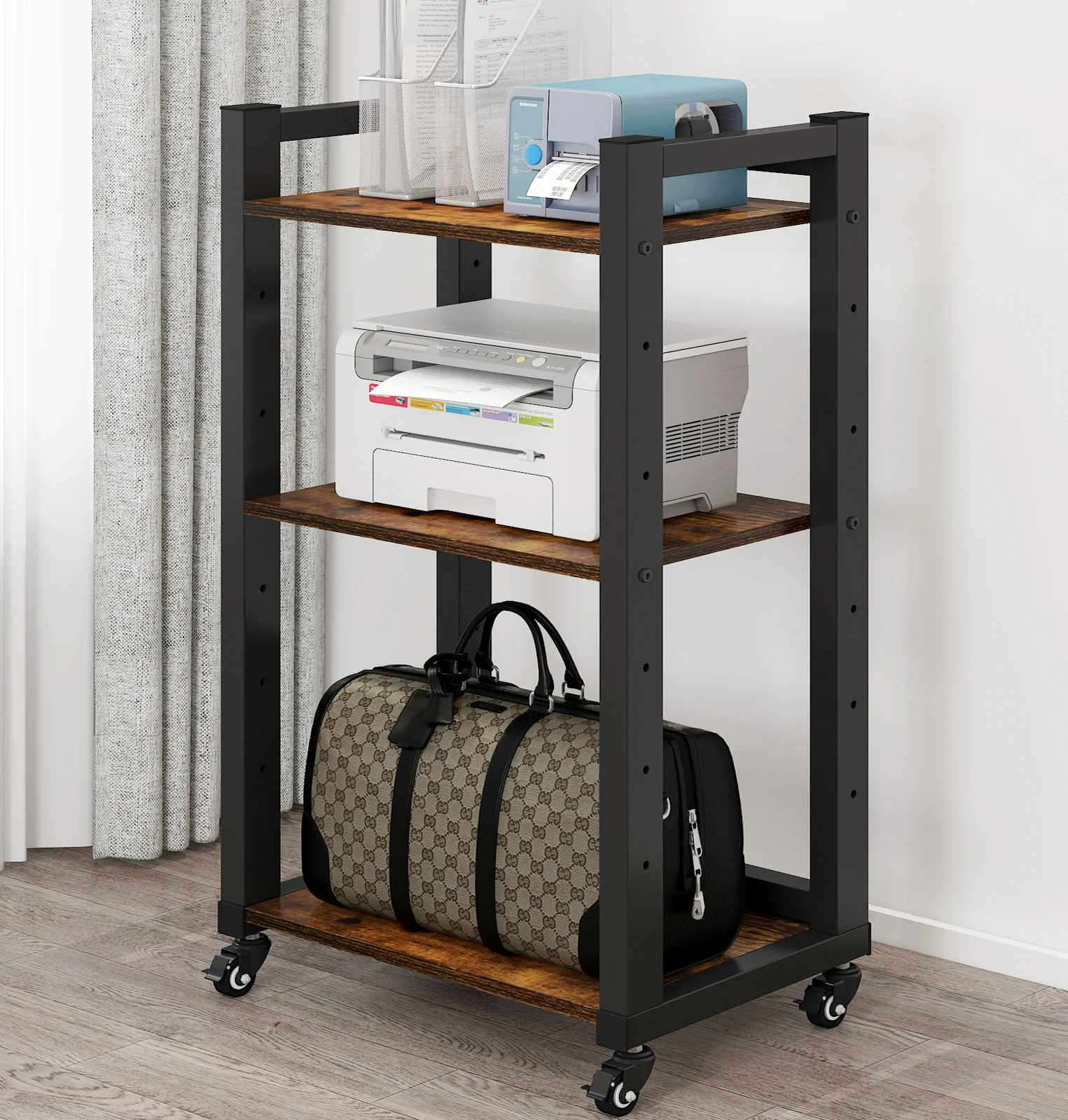 Fortis Heavy Duty Rustic Wood and Steel Multipurpose Utility Trolley Storage Shelf Organizer - Image 2