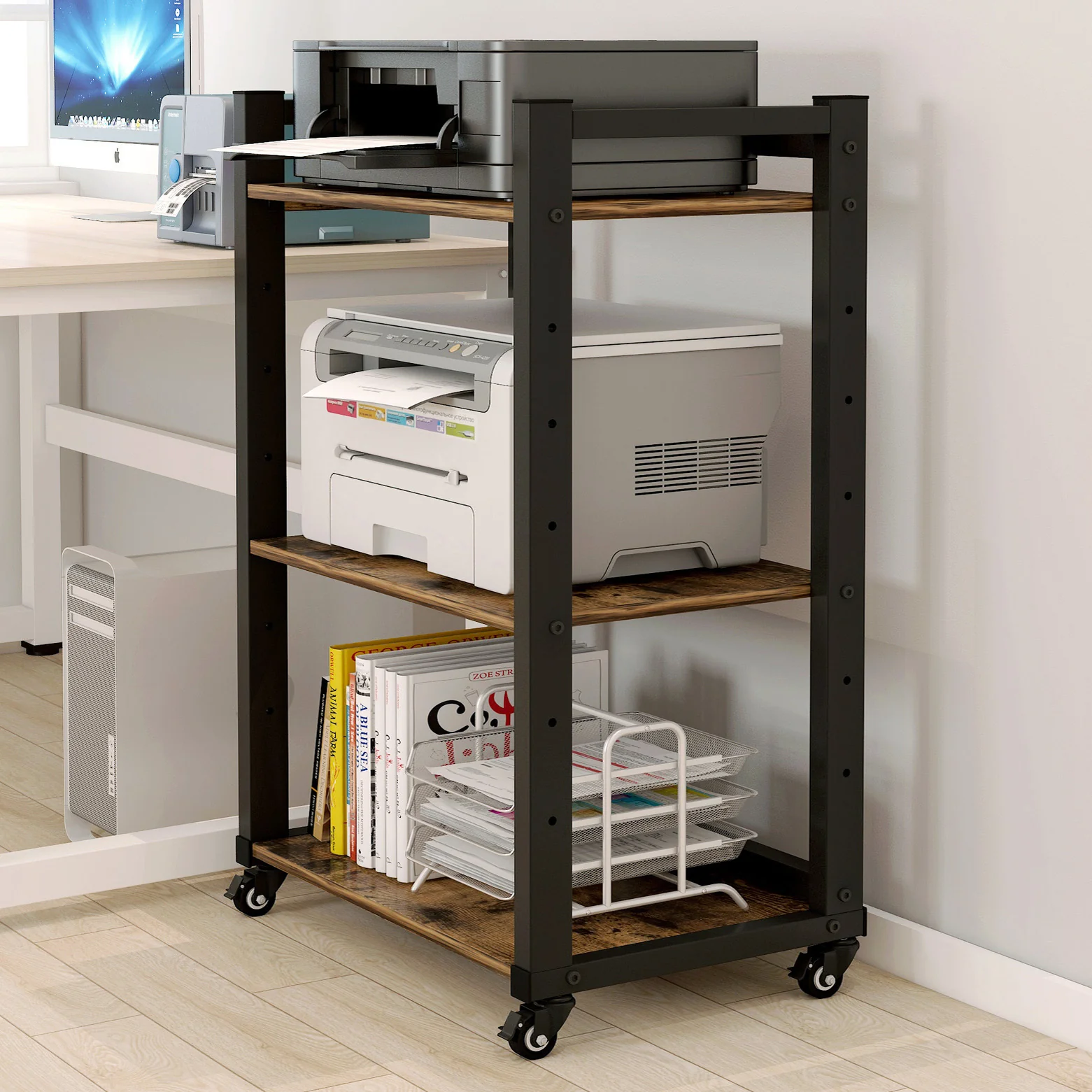 Fortis Heavy Duty Rustic Wood and Steel Multipurpose Utility Trolley Storage Shelf Organizer - Image 6
