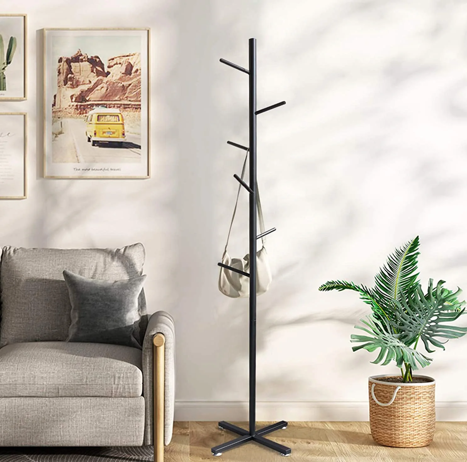 Freestanding Metal Coat Hat Hanging Stand Clothes Hanger Rack Tree Organiser (Black) - Image 2