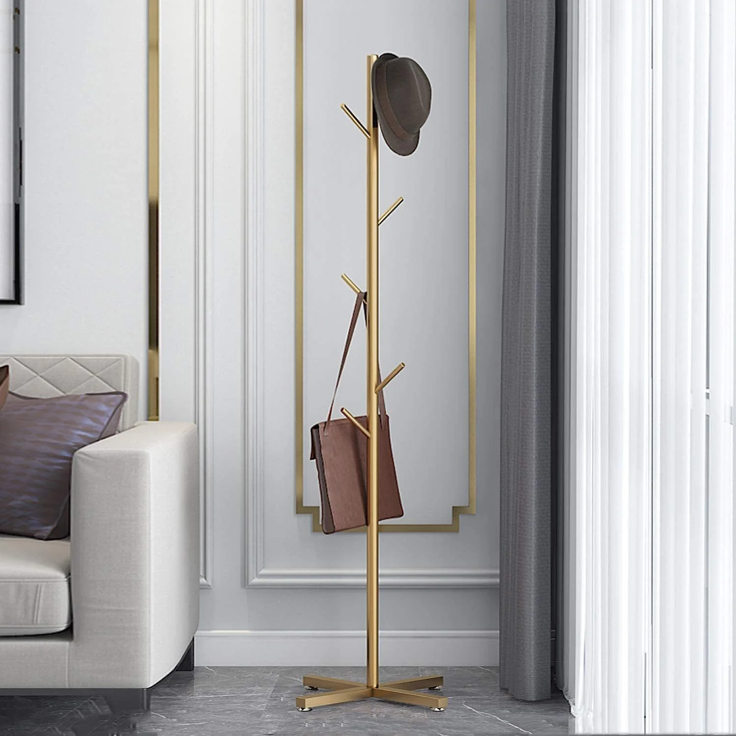 Freestanding Metal Coat Hat Hanging Stand Clothes Hanger Rack Tree Organiser (Gold) - Image 12