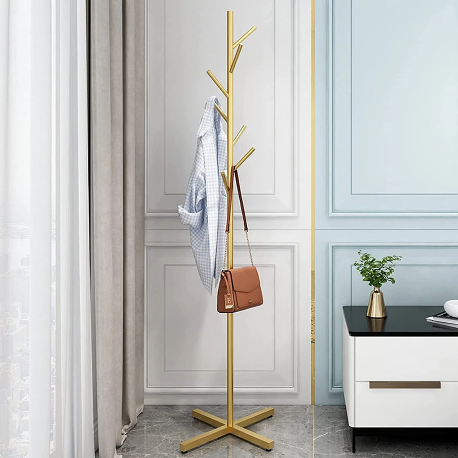 Freestanding Metal Coat Hat Hanging Stand Clothes Hanger Rack Tree Organiser (Gold) - Image 2